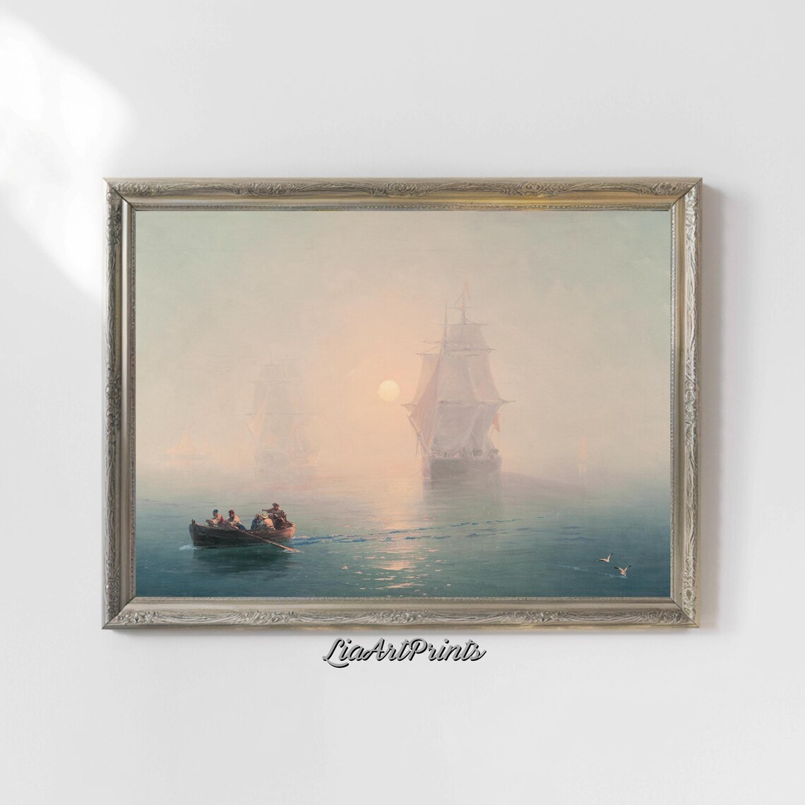 Misty Morning Rowboat and Tall Sailing Ships at Sunrise Vintage Nautical Print - Image 5