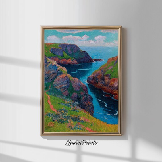 Post Impressionist Coastal Cliffs Vibrant Rocky Shoreline Artwork Poster