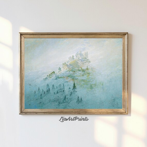 Dreamy Misty Alpine Peak Rising through Fog with Pine Trees Poster