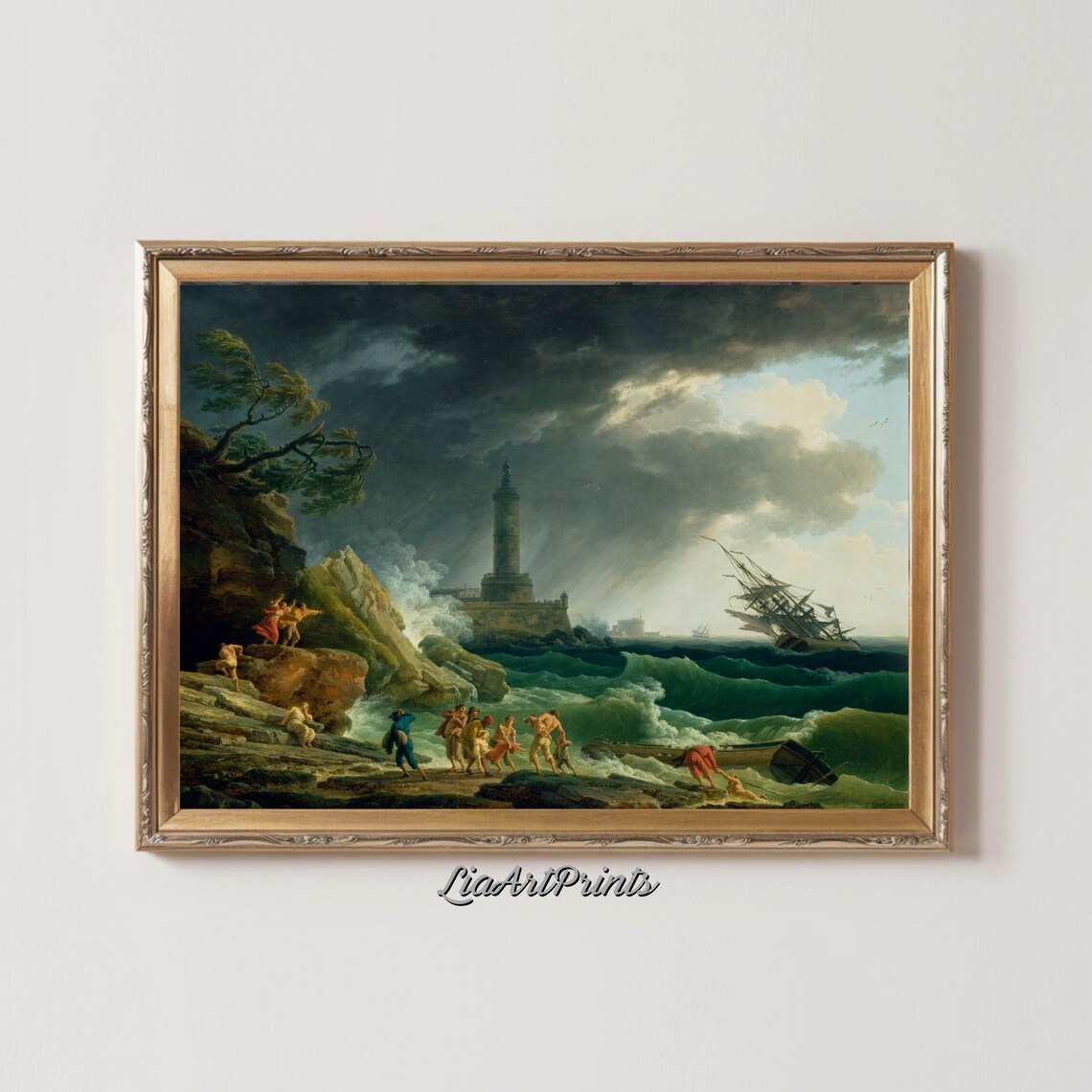 Stormy Lighthouse Shipwreck Dramatic Sea Rescue Antique Marine Poster - Image 3