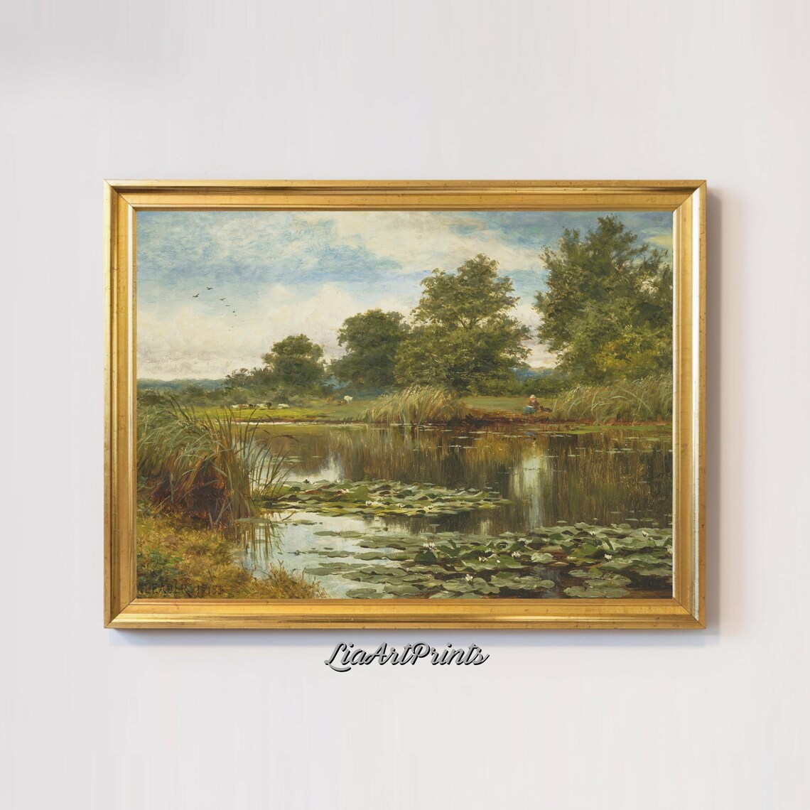Tranquil Lily Pond Scene, Serene Countryside Art Print - Image 3
