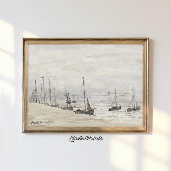 Minimalist Sailboat Sketch Ink Drawing Shore Boats Vintage Art Poster