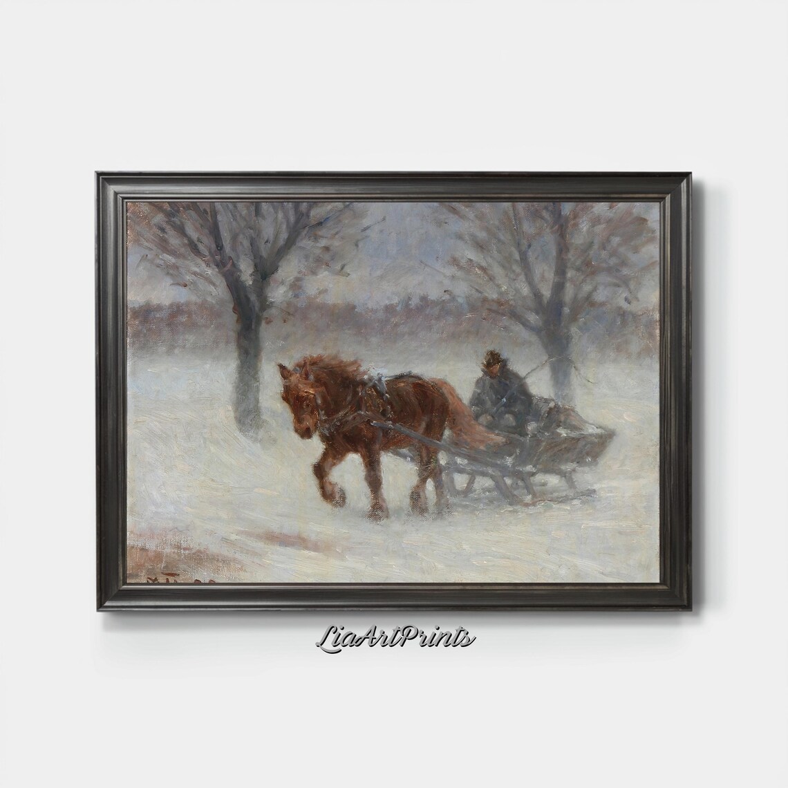 Horse Drawn Sleigh Ride Through Snow Vintage Winter Oil Painting Poster - Image 3