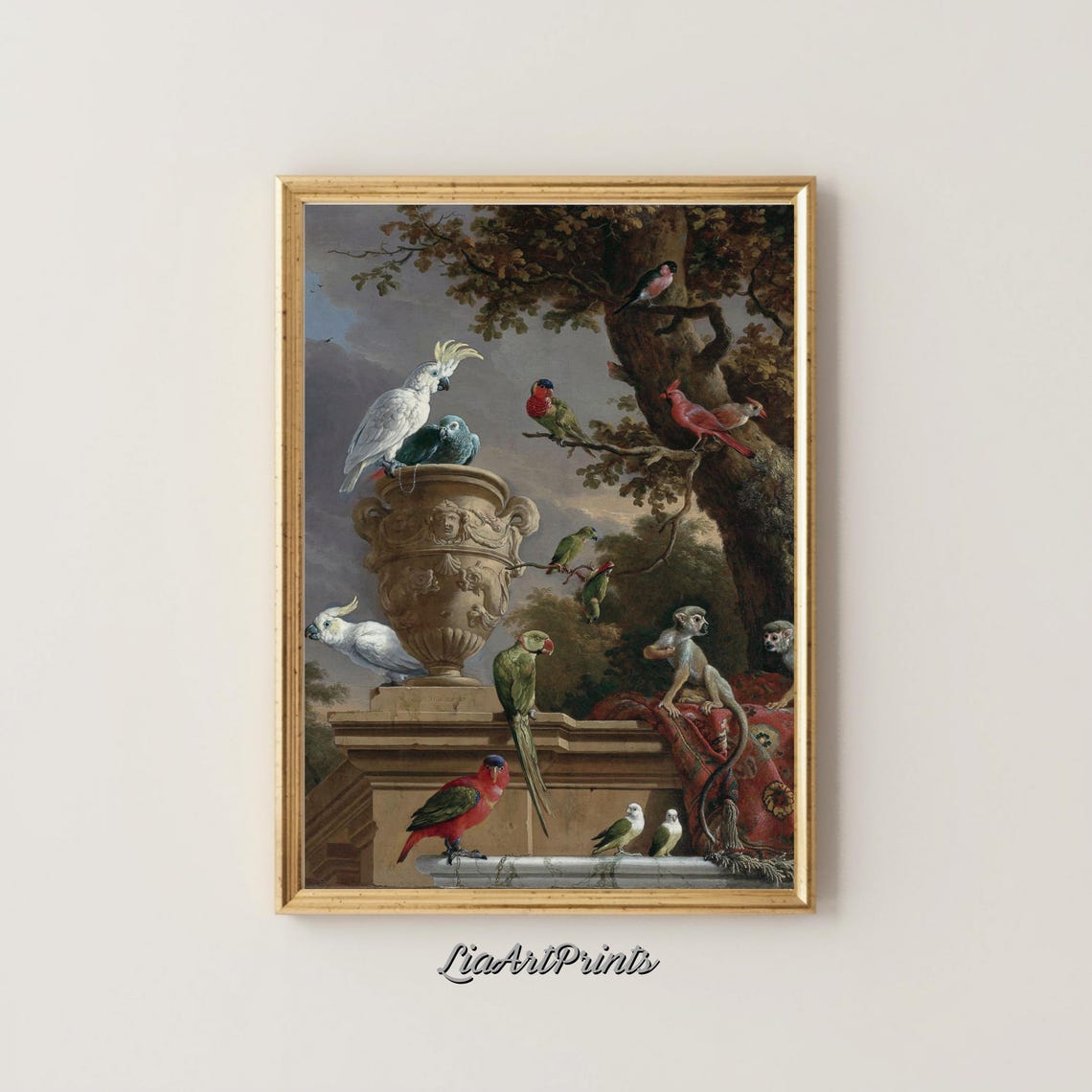 Exotic Parrots and Monkeys Vintage Oil Painting with Stone Urn Poster - Image 4