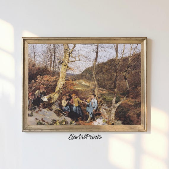 Rustic Countryside Gathering Wall Art Serene Forest Scene With Figures Vintage Artwork For Home Decor
