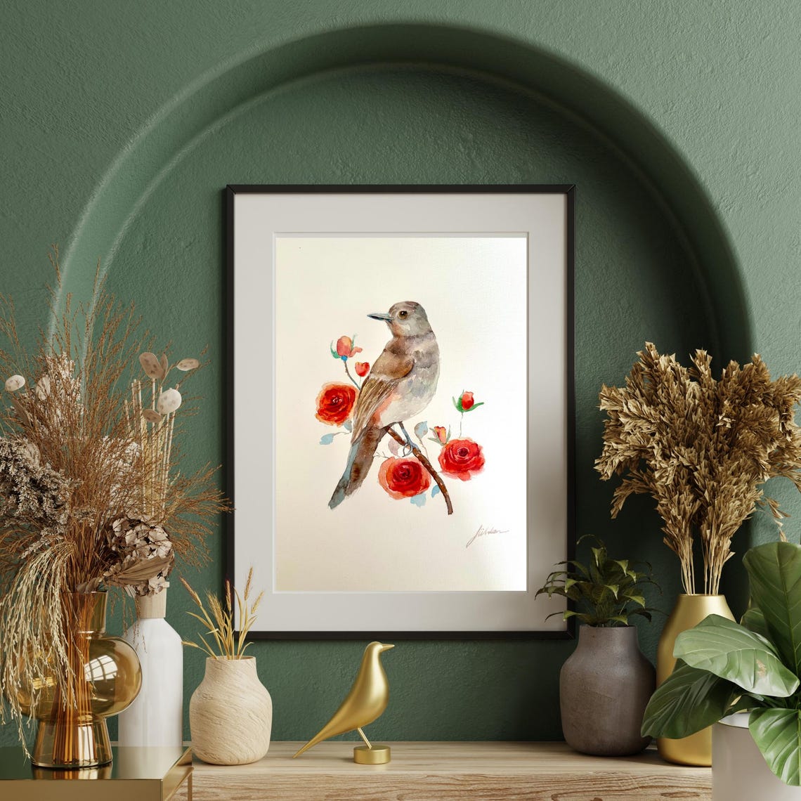 Songbird Perched Among Red Roses Watercolor Bird and Flower Poster - Image 4