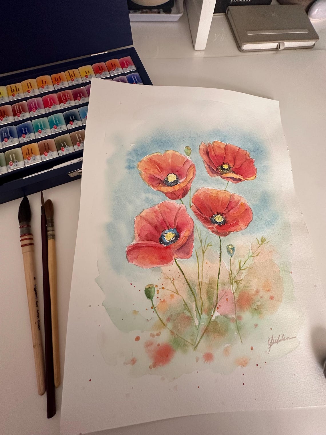 Four Red Poppies Dancing in a Summer Breeze Watercolor Poster - Image 2