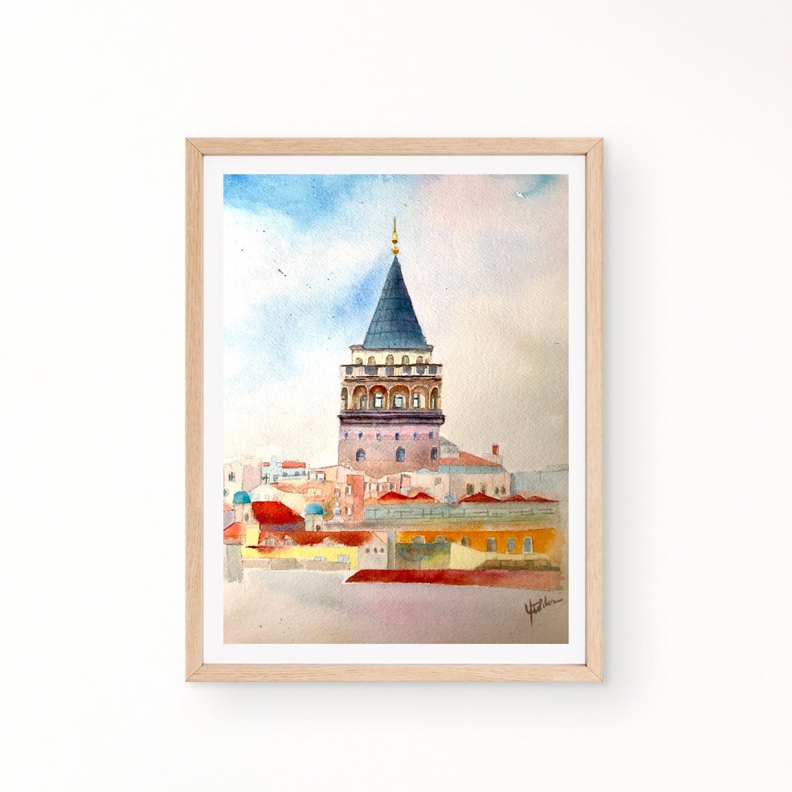 Historic Galata Tower Over Istanbul Rooftops Watercolor Poster