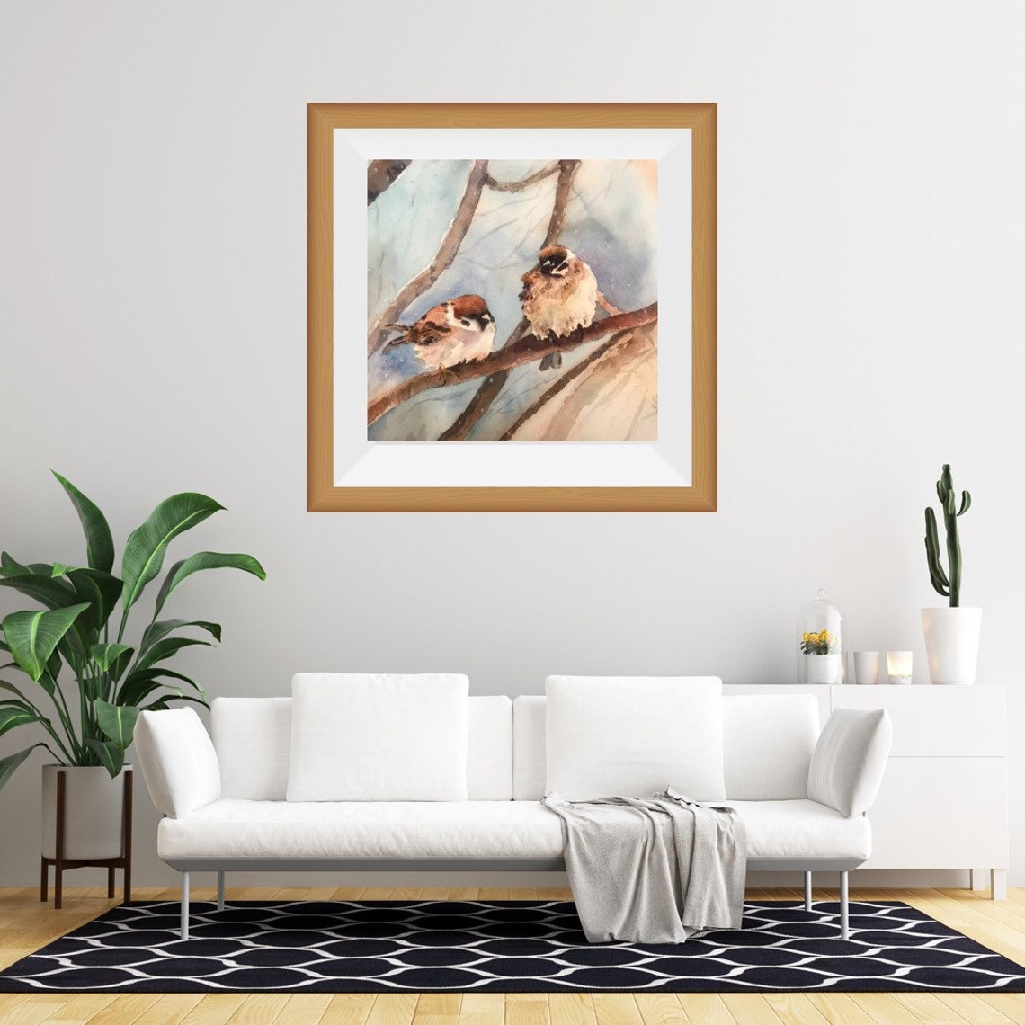 Two Tree Sparrows Resting on Winter Branches in Watercolor Poster - Image 2