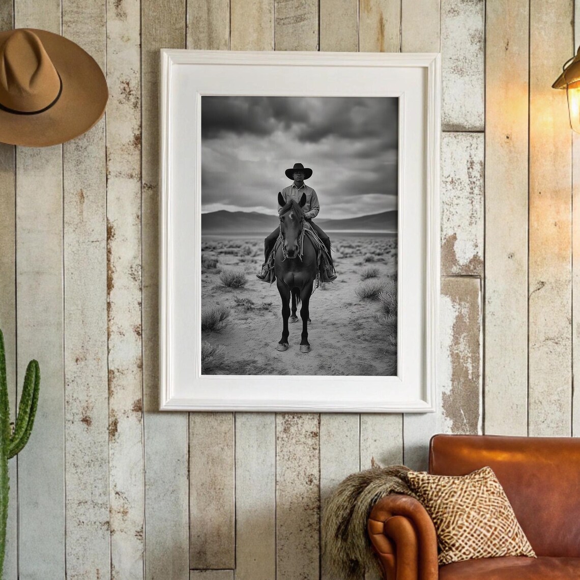 Lone Cowboy on Horseback Western Poster Black and White Desert