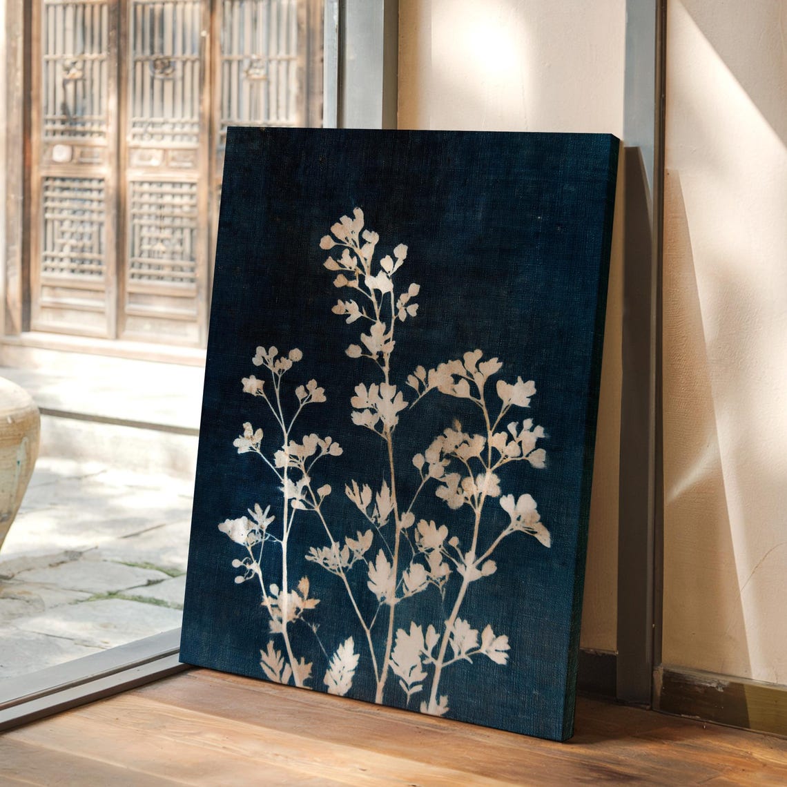 White Wildflower Cyanotype on Deep Indigo Botanical Art Poster