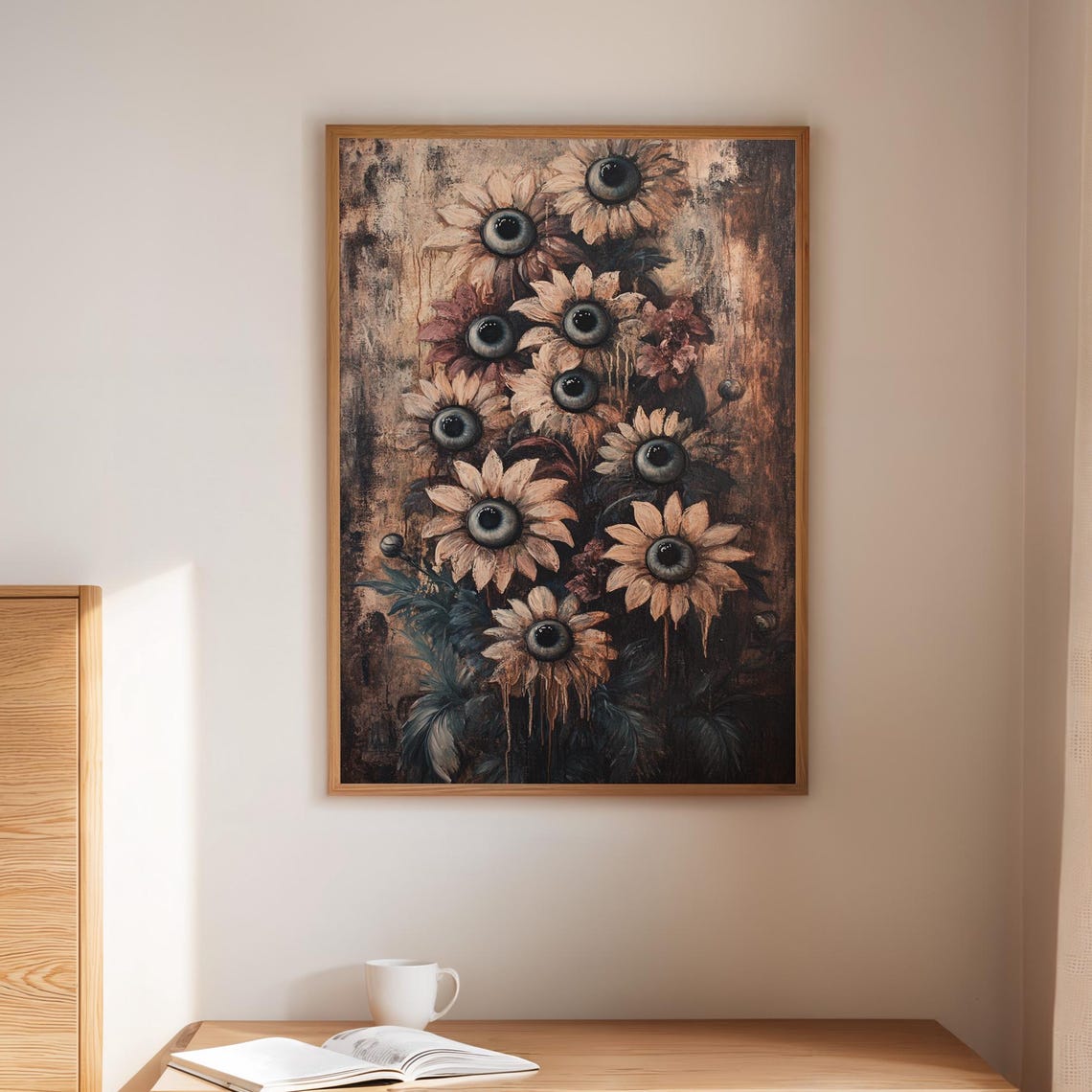 Creepy Eyeball Sunflowers Dark Surreal Horror Floral Painting Poster