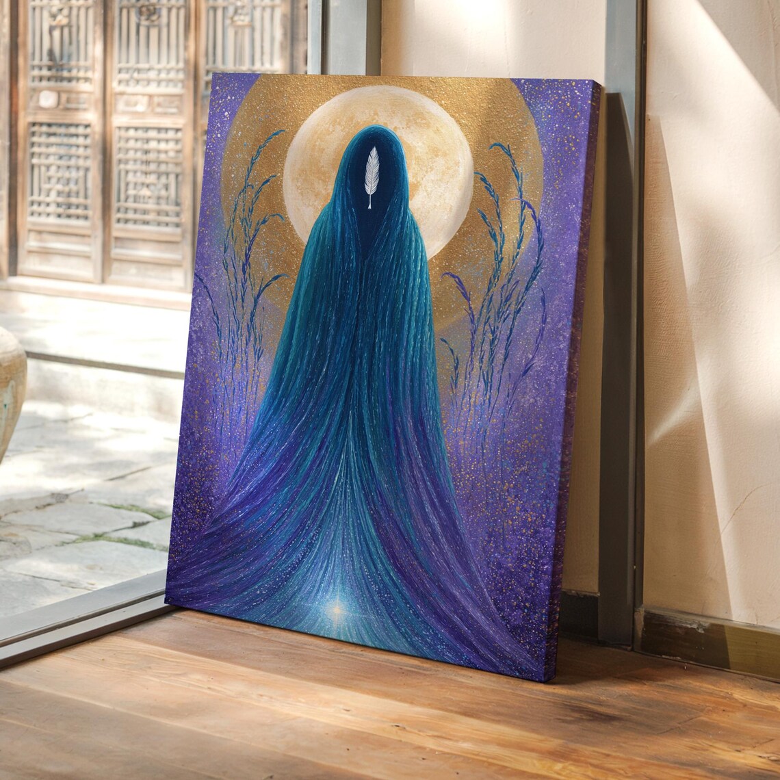 Celestial Woman Flowing Blue Hair Golden Moon Mystical Poster