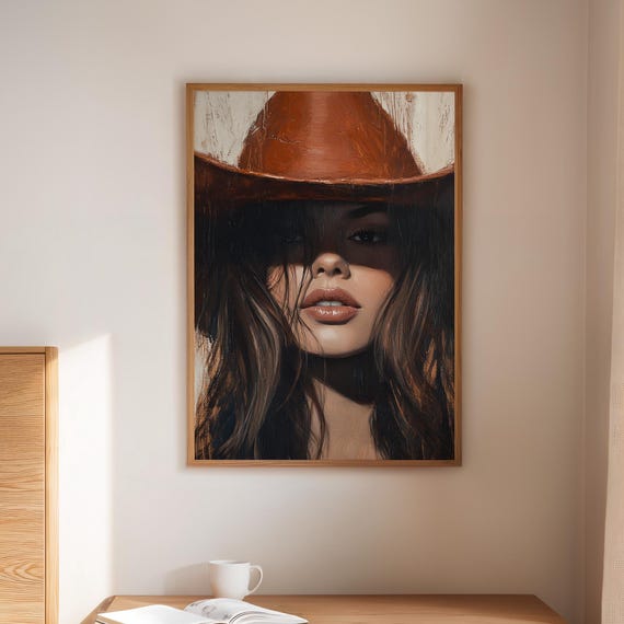 Cowgirl Portrait Canvas Wall Art Western Woman In Orange Hat Rustic Feminine Oil Painting For Farmhouse Country Decor
