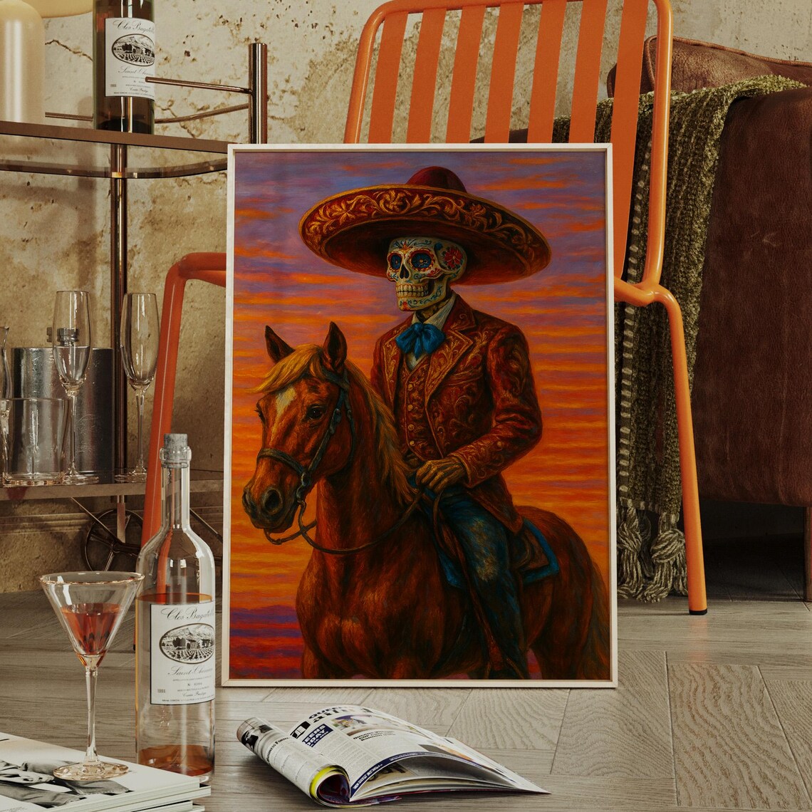 Day Of The Dead Charro Skeleton On Horse Sunset Scene Poster