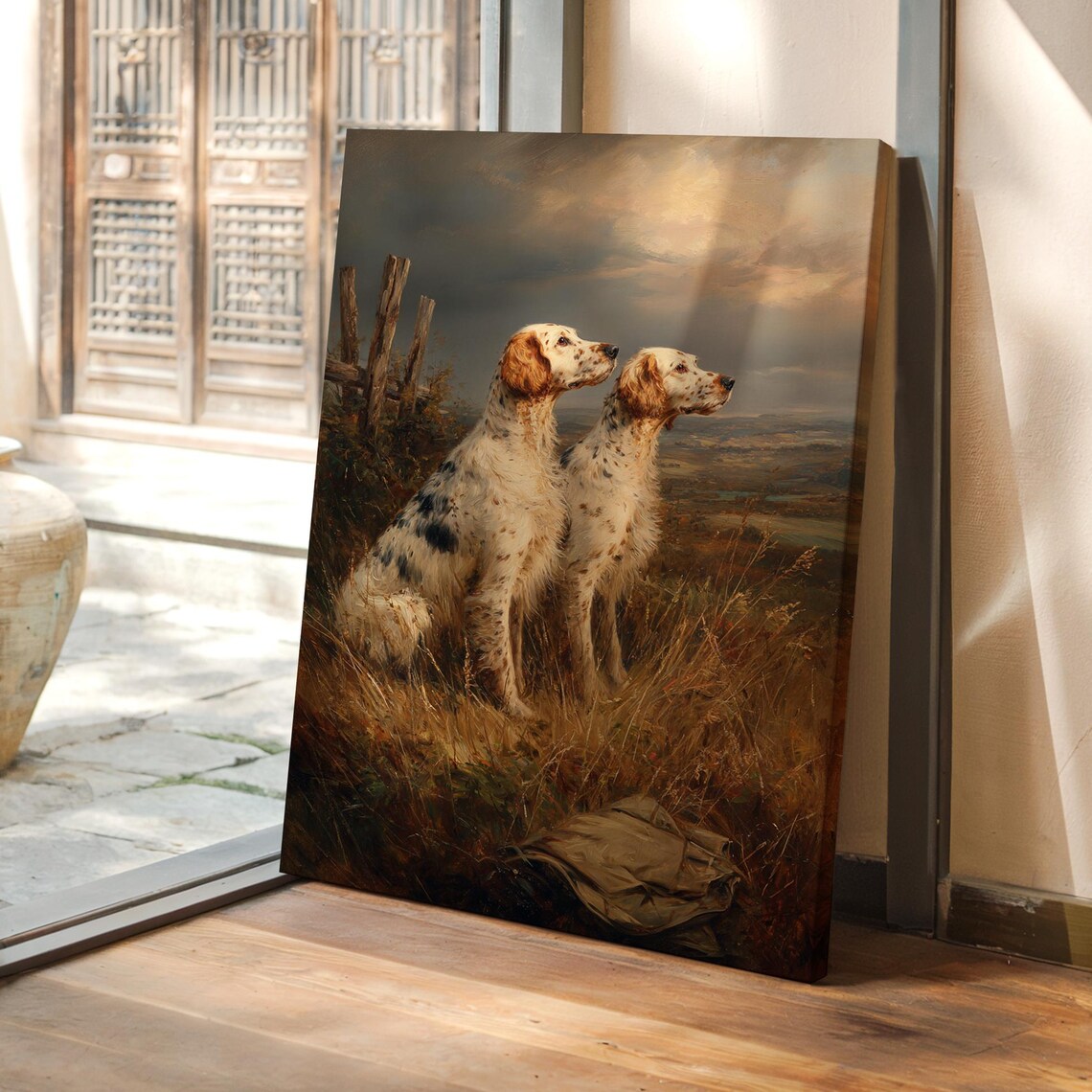 Two English Setters In Field Vintage Hunting Dog Oil Painting Rustic Farmhouse Canvas Art Loyal Dogs Wildlife Landscape Wall Decor