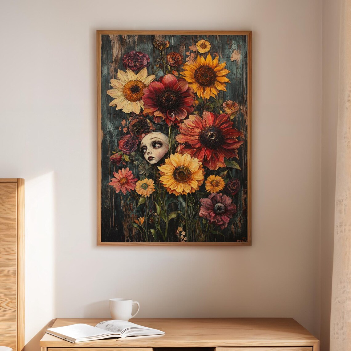 Creepy Doll Face In Sunflower Garden Dark Floral Surreal Poster