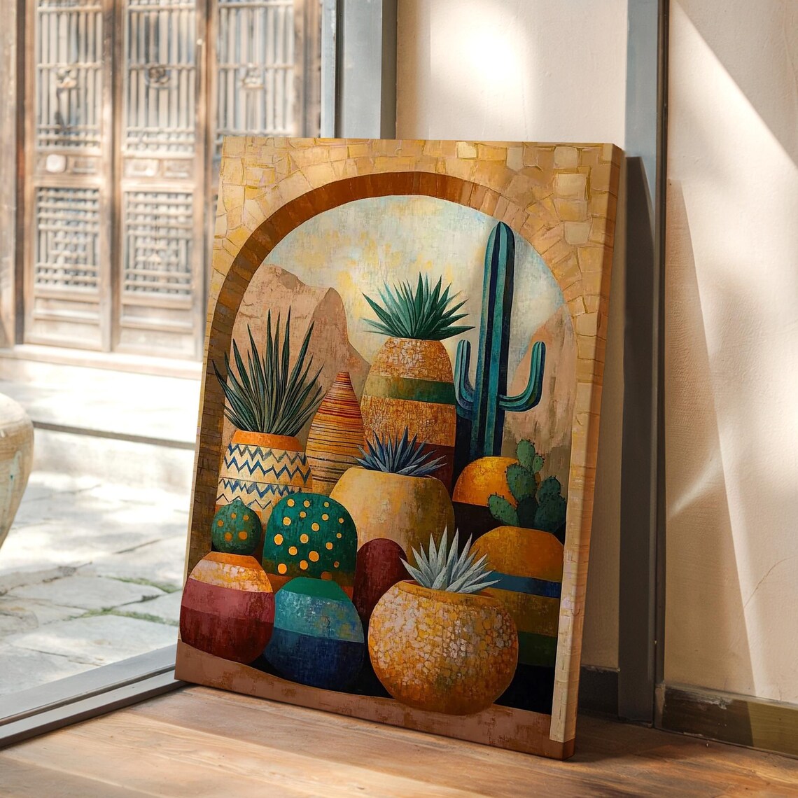 Boho Cacti and Pots Art Print, Southwest Desert Scene