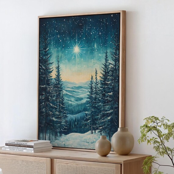 Christmas Star Over Snowy Forest Starry Night Winter Landscape Wall Art Peaceful Holiday Nature Inspired Decor