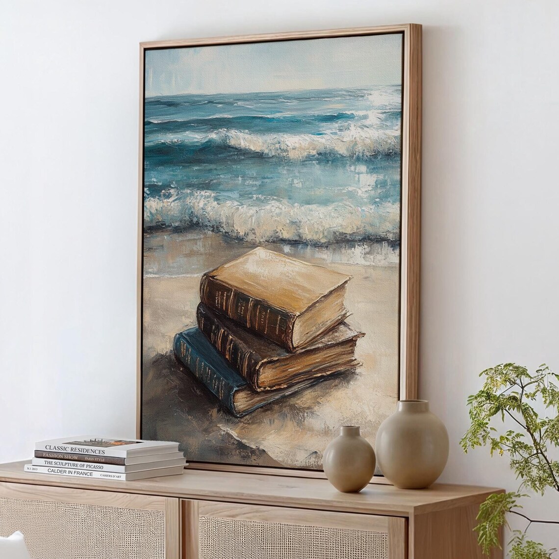 Vintage Coastal Stack Of Books Beach Travel Poster