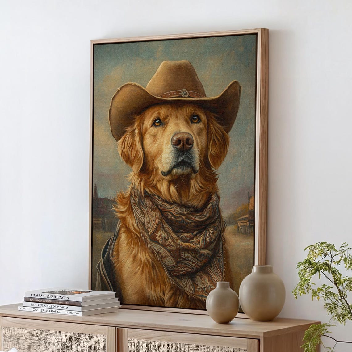Golden Retriever In Cowboy Hat Bandana Western Dog Portrait Poster