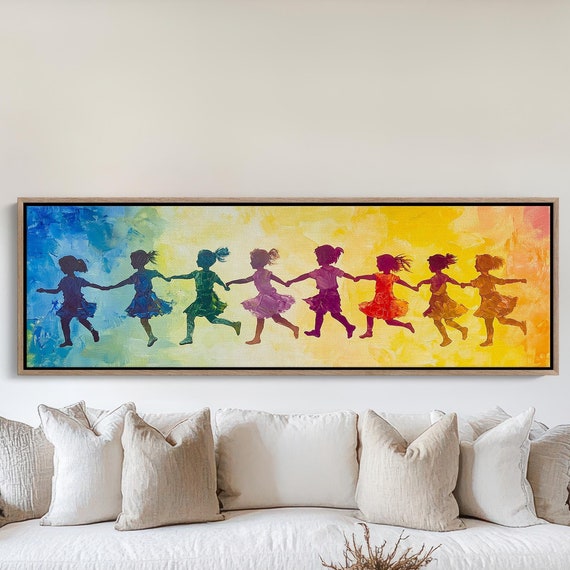 Children Holding Hands Wall Art Vibrant Rainbow Silhouette Of Kids Playing Together Colorful Decor For Kids Room Or Playroom
