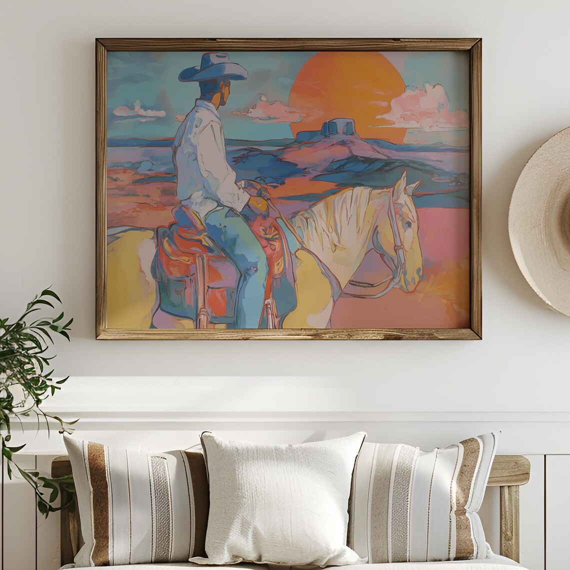 Cowboy On White Horse Desert Sunset Mesa Colorful Western Art Poster