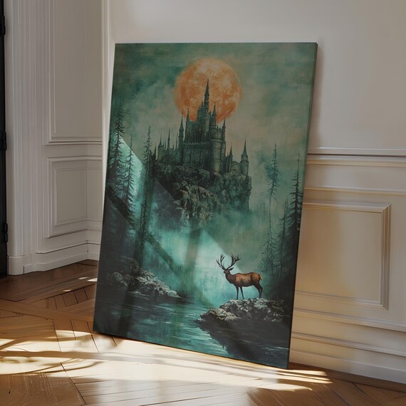 Gothic Castle Under Huge Amber Moon Misty Forest Fantasy Poster