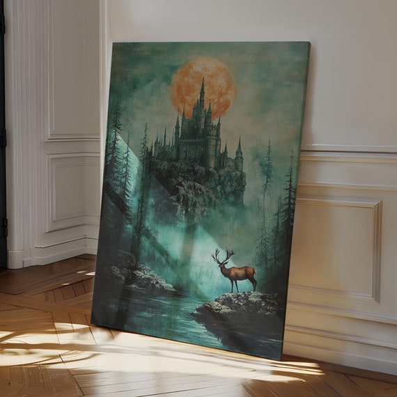Majestic Gothic Castle And Stag Wall Art Moonlit Enchanted Forest Landscape With Mystical Atmosphere For Fantasy Inspired Decor