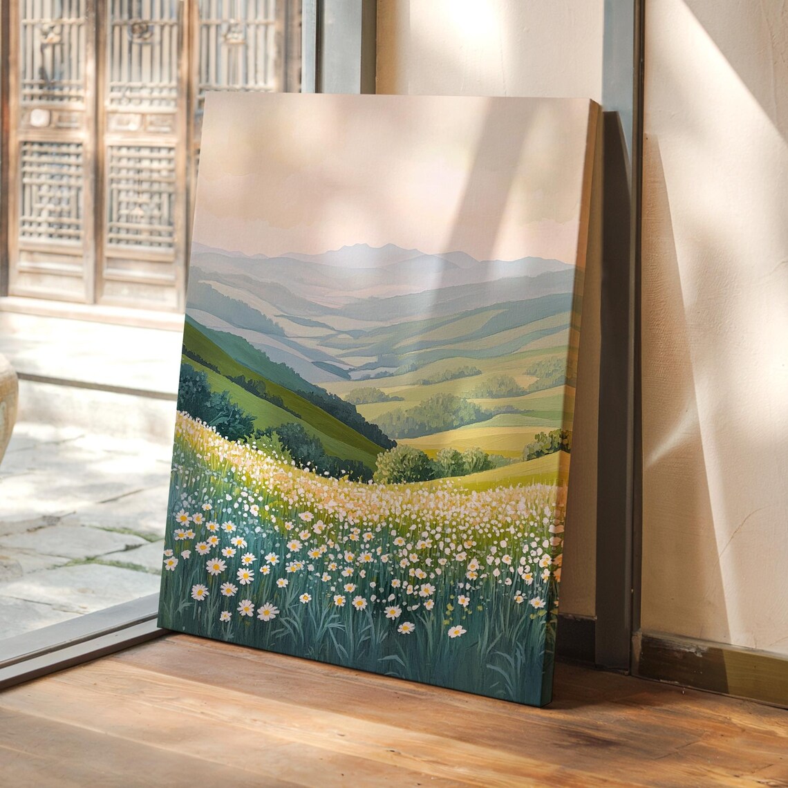 Daisy Meadow Rolling Hills Mountain Pastel Landscape Art Poster