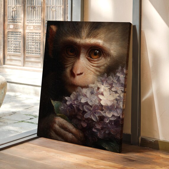 Whimsical Monkey Portrait Holding Lilacs Vintage Animal Painting Poster