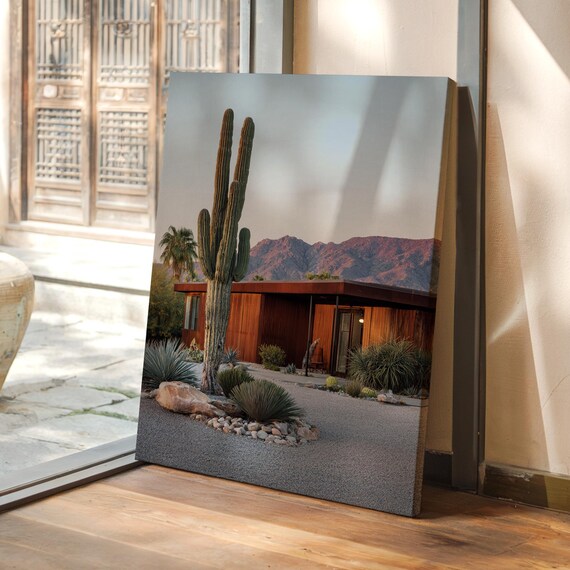 Mid Century Desert Home Tall Saguaro Cactus Mountain Sunset Art Poster