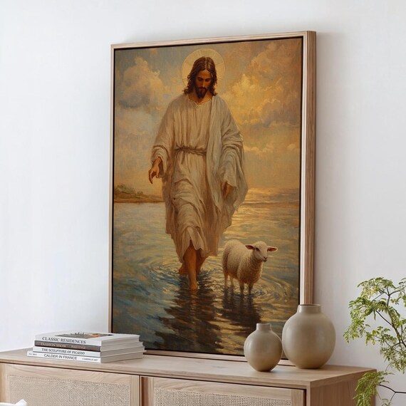 Jesus Christ With Lamb Walking on Water Golden Sky Religious Poster