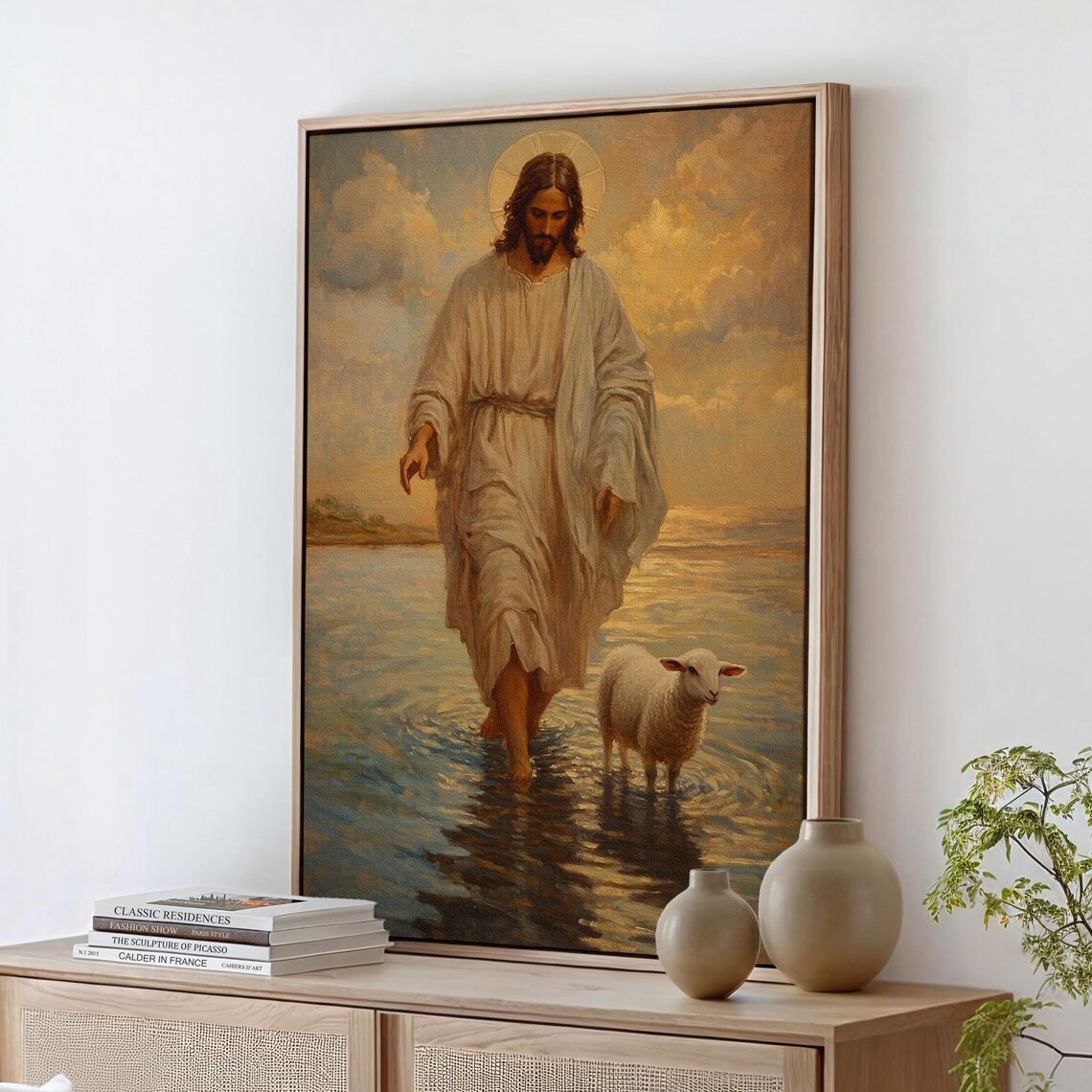 Jesus Christ With Lamb Walking on Water Golden Sky Religious Poster