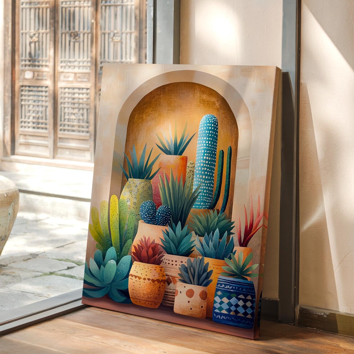 Potted Cacti And Succulents Under Desert Arch Colorful Boho Poster