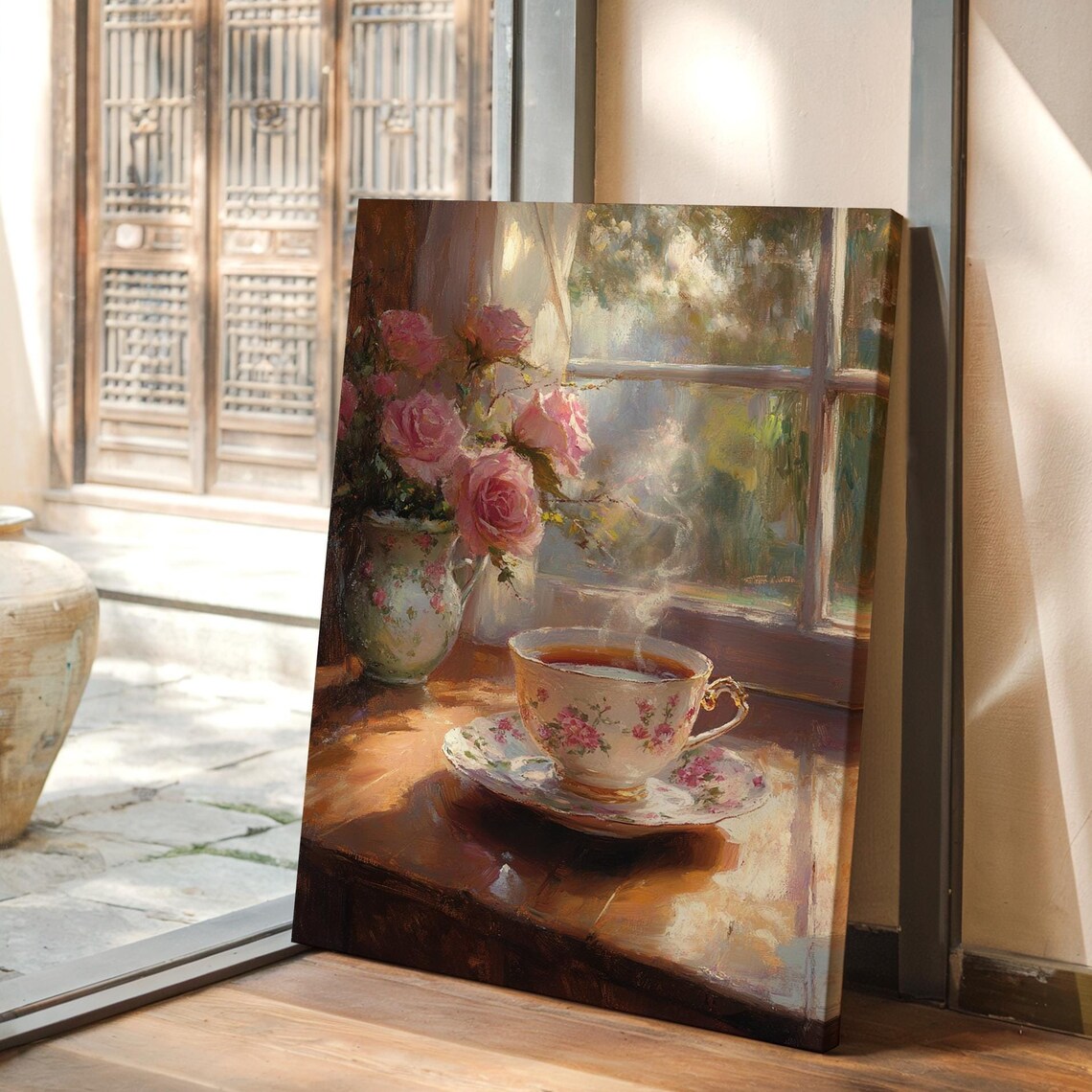 Morning Tea By The Window Floral Teacup Art Print