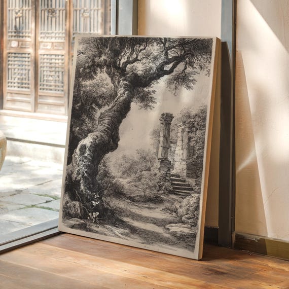 Ancient Ruins Landscape Canvas Art Vintage Etching Style Wall Decor Old Tree And Columns Print Classical Poster