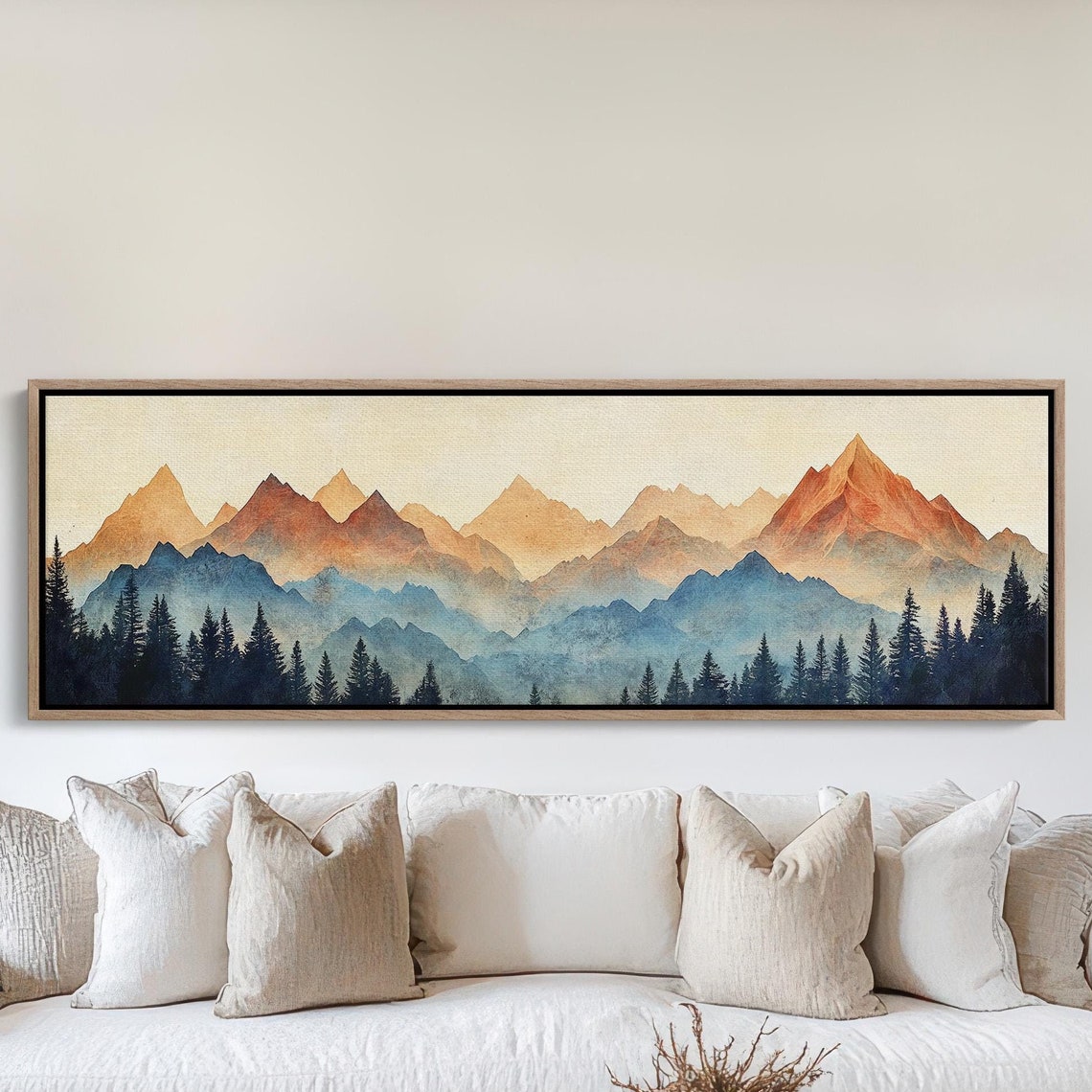Layered Mountain Ranges Warm Sunset Watercolor Forest Pines Poster