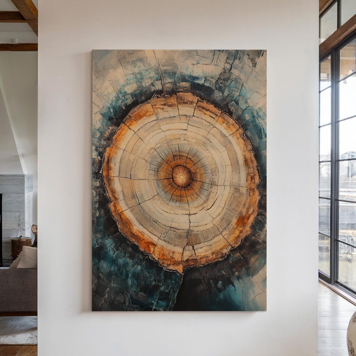 Tree Ring Abstract Earthy Wood Texture Wall Art Rustic Nature Growth Rings Print Organic Blue Brown Home Decor