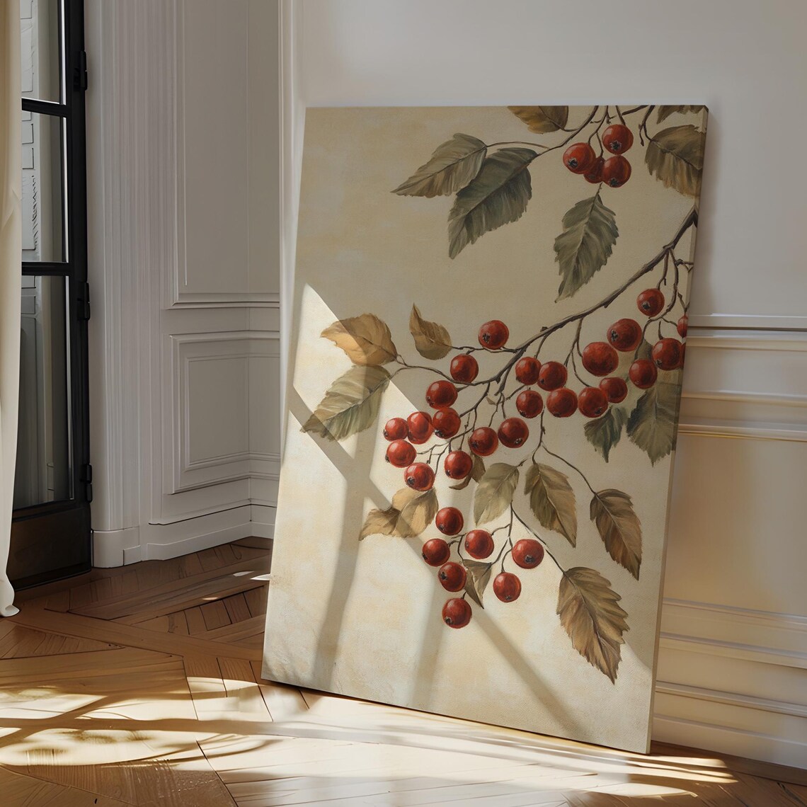 Red Berry Branch Botanical Artwork on Cream Background Poster