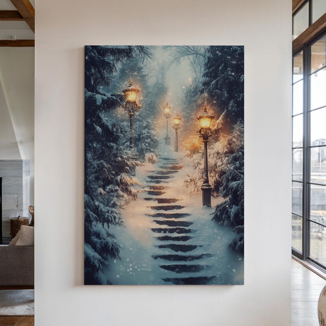 Snowy Staircase With Glowing Lampposts In Winter Night Forest Wall Art