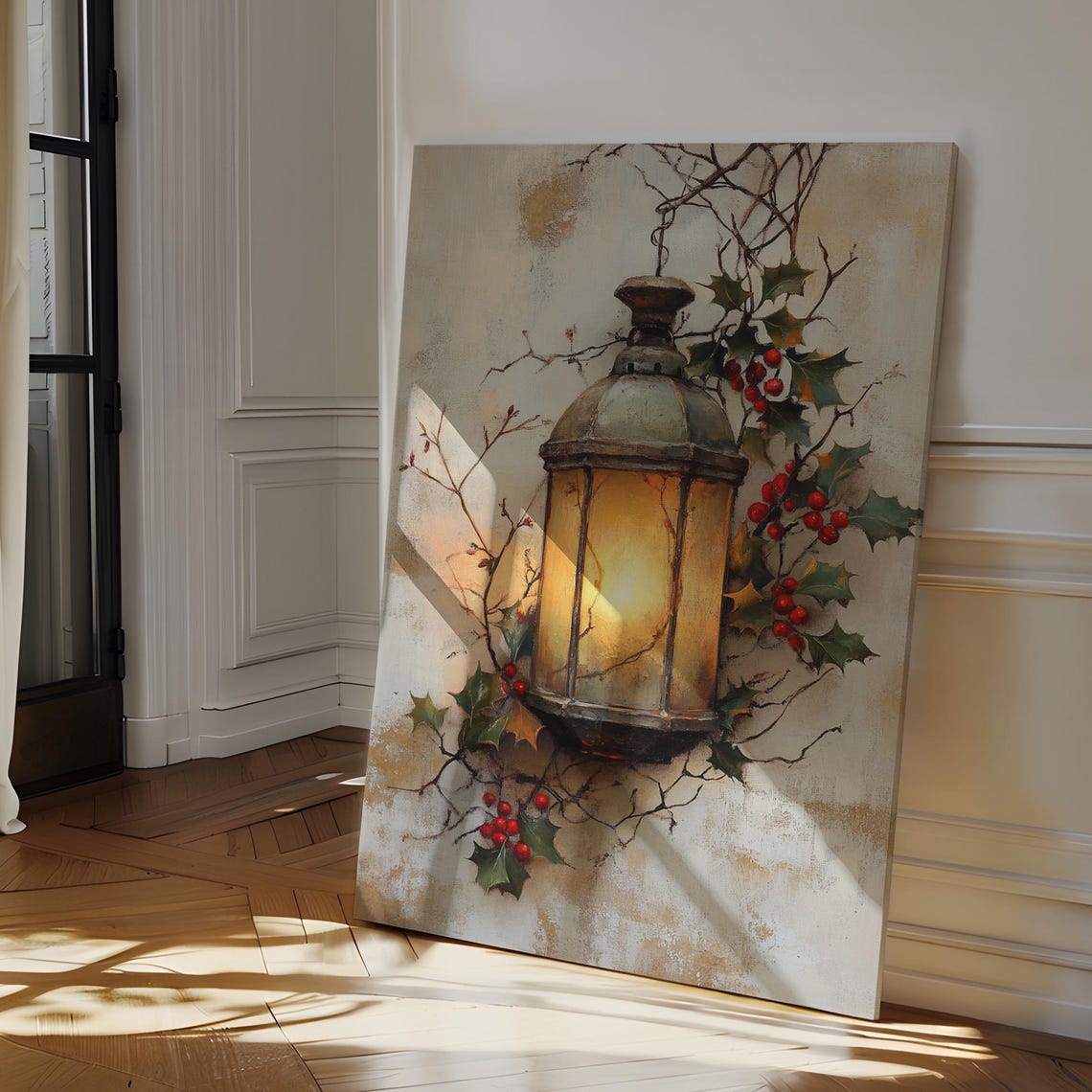 Antique Glowing Lantern With Holly Berries Christmas Art Poster