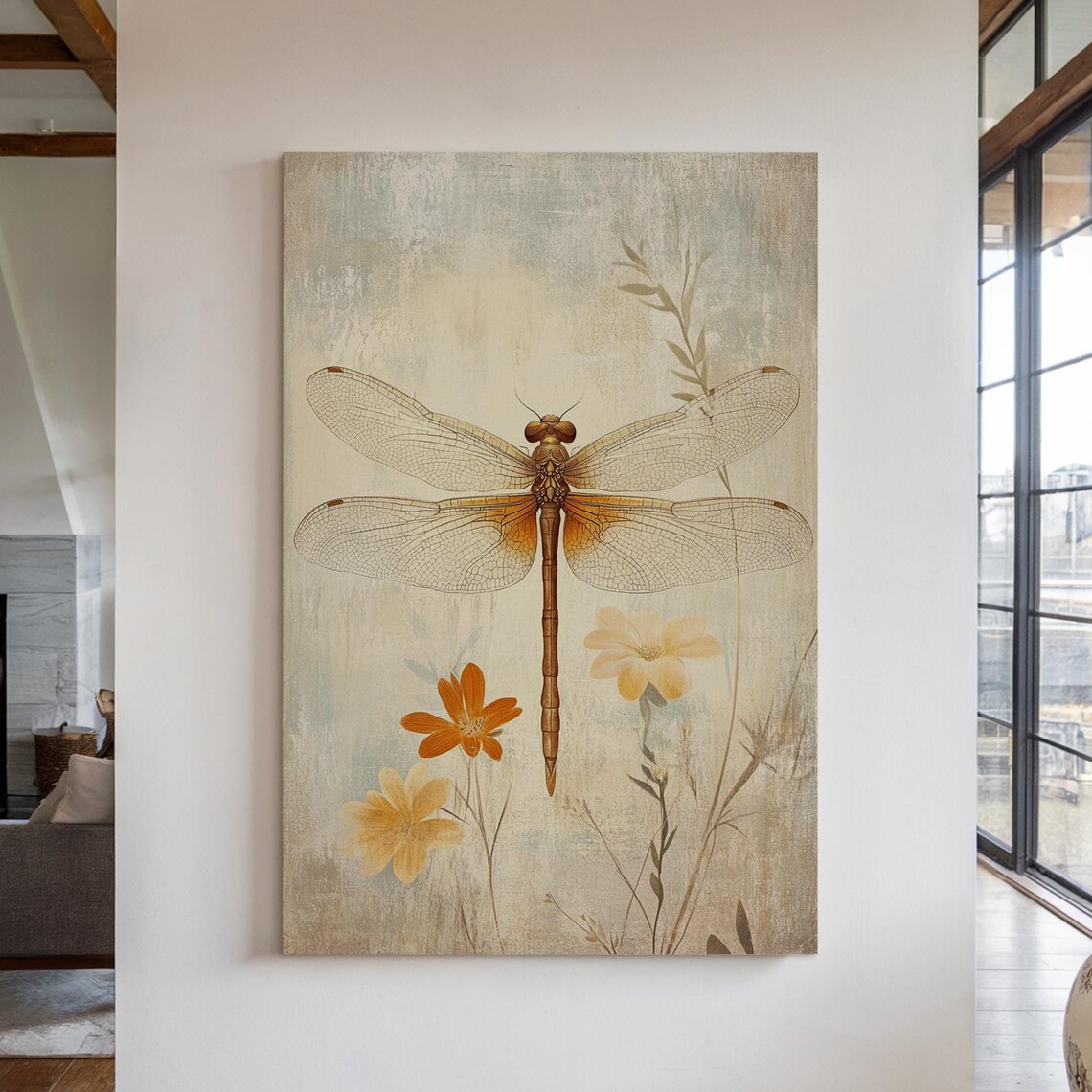Dragonfly Vintage Botanical Art Print, Cottagecore