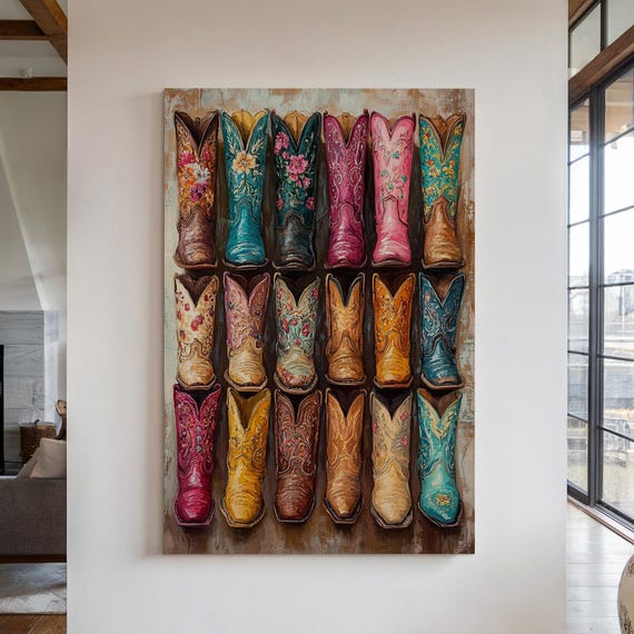 Vintage Cowboy Boots Art Colorful Western Decor Rustic Farmhouse Wall Art Country Style Boot Collection Print