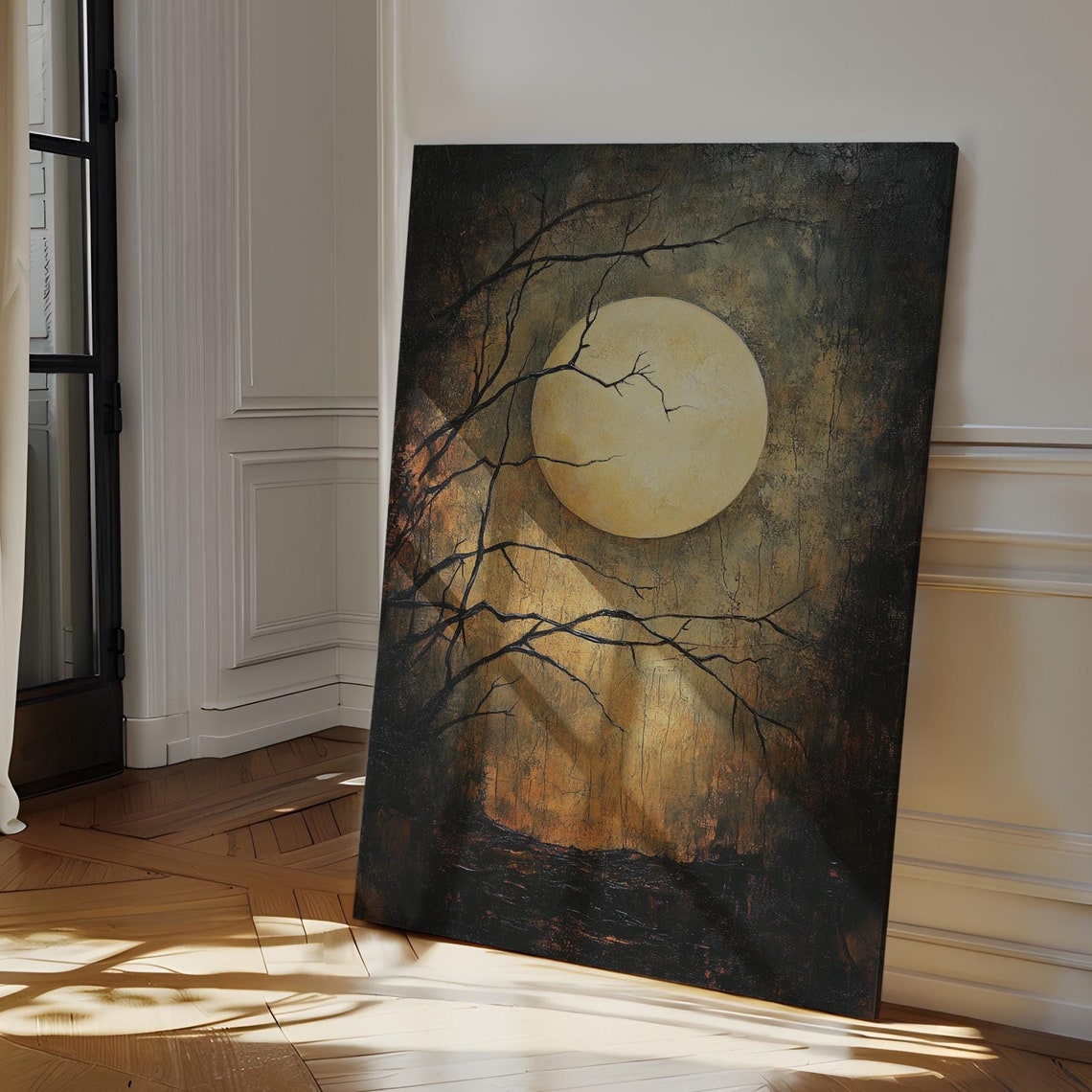 Gothic Full Moon Dark Forest Lunar Wall Art Moody Night Sky Painting Mysterious Celestial Decor