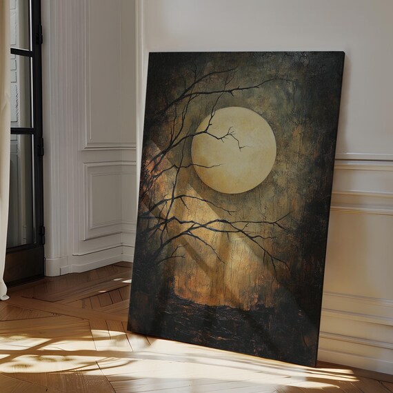 Golden Full Moon Bare Branches Moody Dark Forest Night Sky Poster