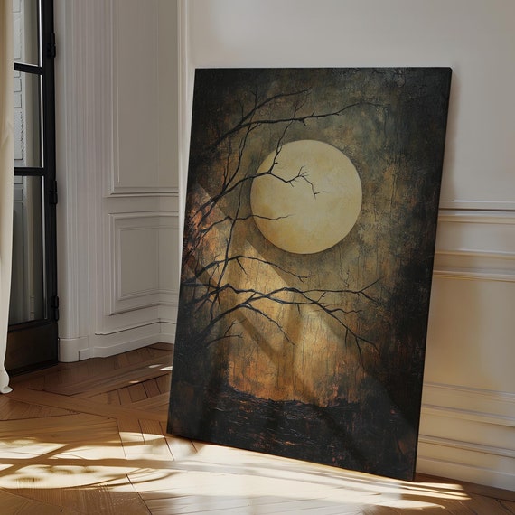 Gothic Full Moon Dark Forest Lunar Wall Art Moody Night Sky Painting Mysterious Celestial Decor