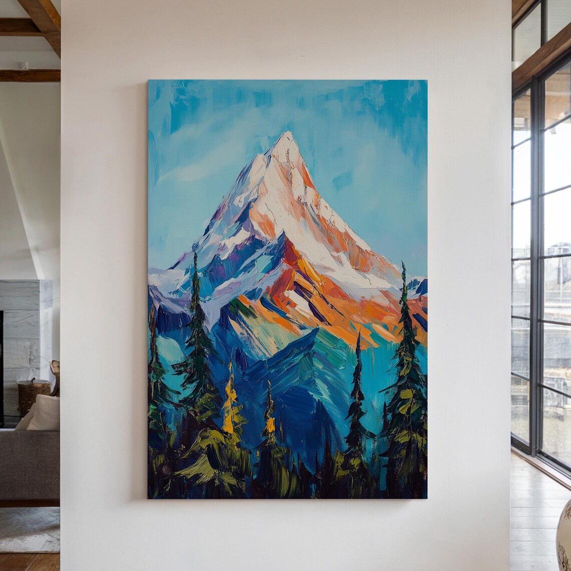 Colorful Snow Capped Mountain Peak Above Dark Evergreen Pines Poster
