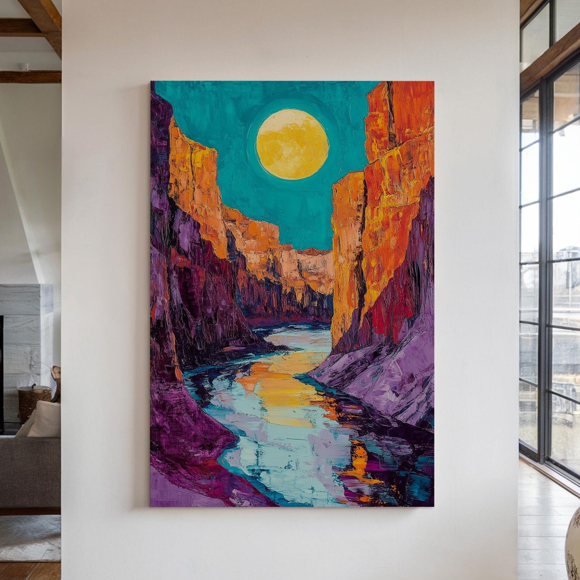 Moonlit Canyon River Vibrant Abstract Desert Landscape Art Bold And Colorful Wall Decor
