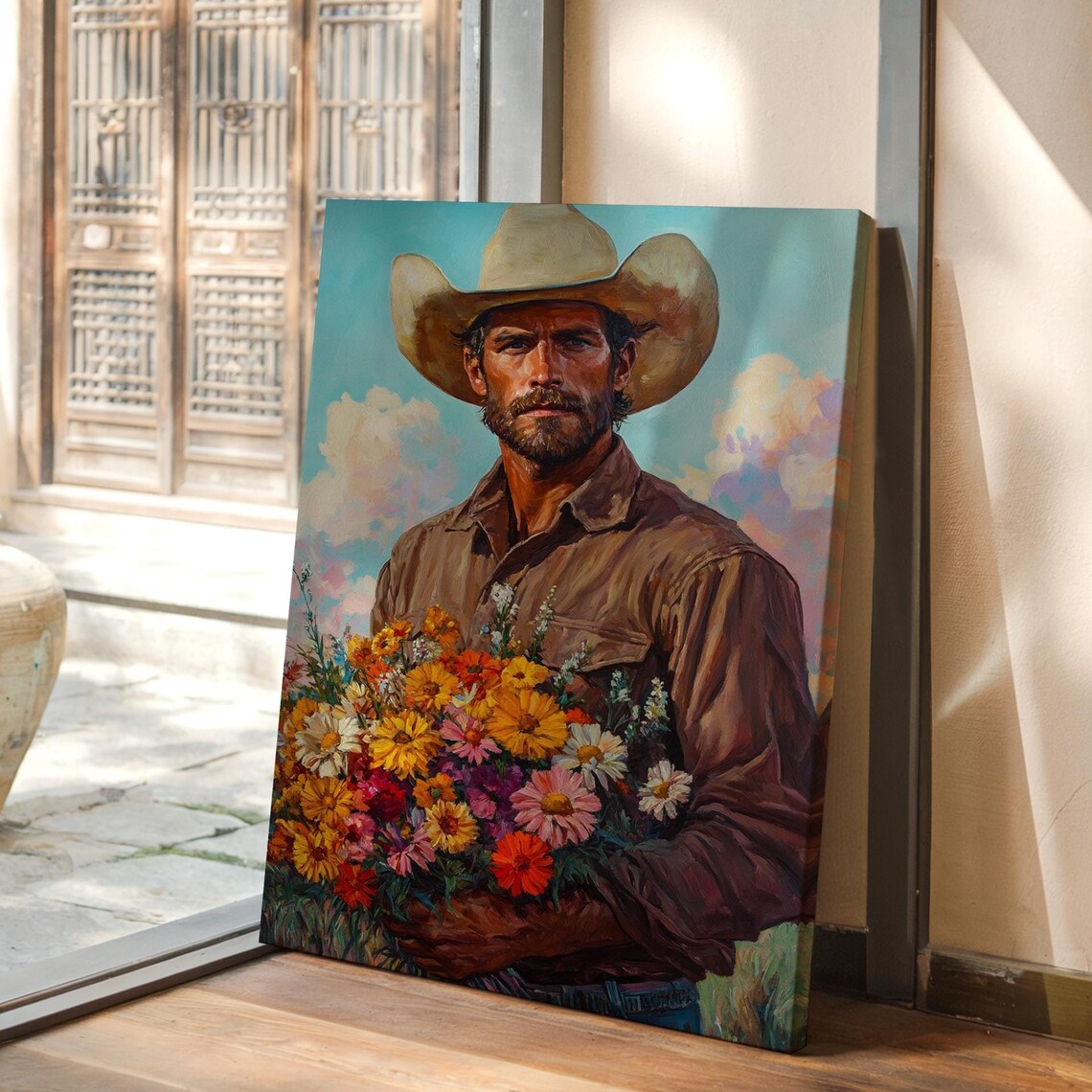 Rugged Cowboy Holding Wildflower Bouquet Western Style Poster